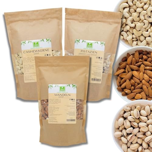 Edelnussmischung - Nuss Set Mandeln 500g + Pistazien geröstet und gesalzen 500g + Cashewkerne ganz 500g - große Nussmischung zum Knabbern und Knuspern - Keto Snack mischung von Green Essence