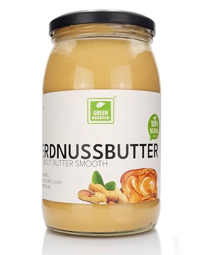 Erdnusspaste ohne Zuckerzusatz von der Grünen Essenz - Erdnussbutter Edrnussmus Fein 100% geröstete Erdnüsse Cremige Erdnussbutter im Glasgefäß 900ml KETO Peanutbutter Creamy von Green Essence