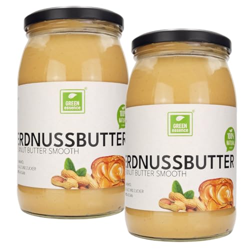 Erdnusspaste ohne Zuckerzusatz von der Grünen Essenz - Erdnussbutter Edrnussmus Fein 100% geröstete Erdnüsse Cremige Erdnussbutter im Glasgefäß KETO Peanutbutter Creamy (1,8 Liter) von Green Essence