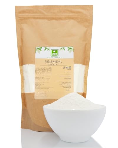 Fein Gemahlenes Reismehl von der Grüne Essenz Reismehl aus Weißreis ideal für Mochi und Reispudding Stärkemehl aus Reis Klebreismehl Fein Naturbelassen Reispulver (1 Kg) von Green Essence