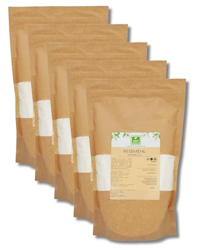 Fein Gemahlenes Reismehl 5x1Kg von der Grüne Essenz Reismehl aus Weißreis ideal für und Reispudding für Omeletten und Pfannkuchen aus Reis Fein Naturbelassen Reispulver (5 Kg) von Green Essence