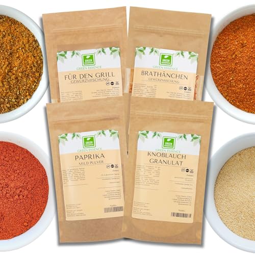 Fleischgewürz-Mischung 4 Verschiedene Gewürze für Fleisch, BBQ, Grill und Marinaden - 4er Gewürmischungen von der Grünen Essenz - Brathähnchen Gewürz - Paprika - Knoblauch - Grill Gewürz von Green Essence