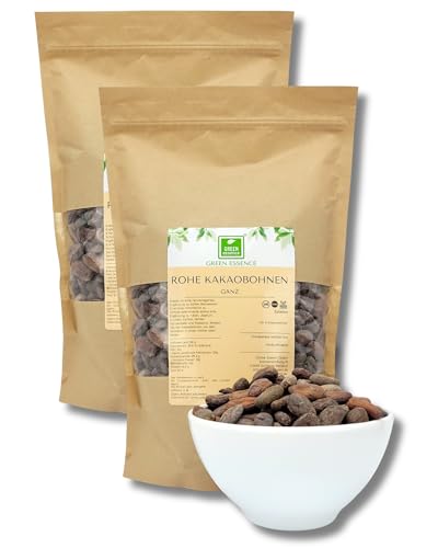 Kakaobohnen roh 1000g (2 * 500g) von der Grünen Essenz - ohne Zusätze - ungeröstet - Kakao Beans - vegan - naturbelassen - für Schokolade ohne Zucker (1000 Gramm) von Green Essence