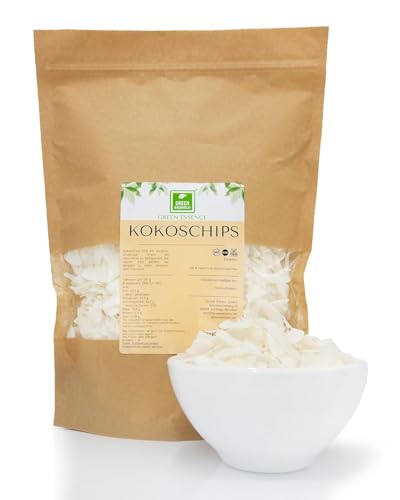 Kokos Chips 1 Kg (2 * 500g) von der Grünen Essenz - Fertigsnack in Scheiben - ungesüßt - Kokosnusschips - ohne Konservierungsstoffe oder GVO - KETO Kokosflocken - 100% Kokosnuss-Chips (1000 G) von Green Essence