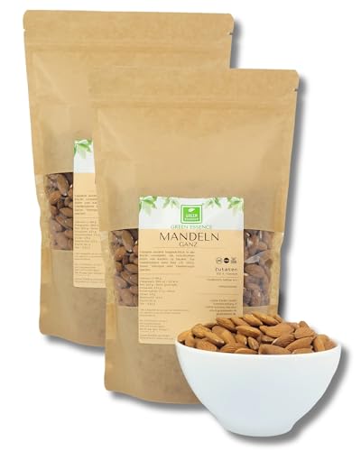 Mandeln - 1kg (2 * 500g) von der Grünen Essenz natürliche ganze Mandeln zum Backen - Mandeln mit Schale - naturbelassen und ungeschwefelt - Almonds - mit Haut und ohne Zusätze - vagan (1000 Gramm) von Green Essence