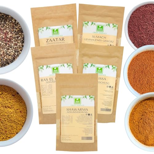 Marokkanisches und Arabisches Gewürzset von der Grünen Essenz 5er Pack - Ras El Hanout - Shawarma - Zatar - Sumach - Harissa - natürlichen Gewürzmischungen für orientalische Gerichte von Green Essence