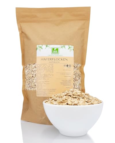 Natürliche Haferflocken von der Grüne Essenz Natur Haferflocken ohne Zusatzstoffe Kernig ideal für Müsli und Porridge für Hafermilch Haferbreie - zuckerfreie Haferflocken Großpackung (1Kg) von Green Essence