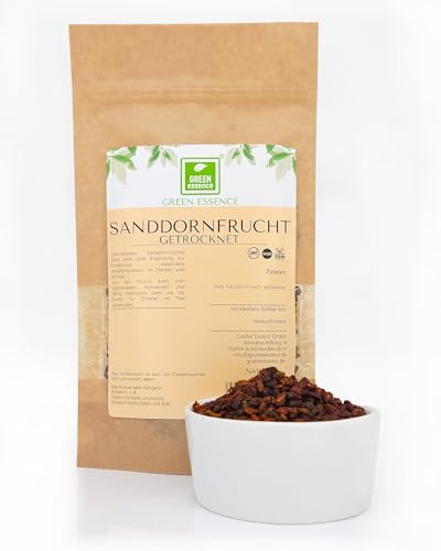 Sanddorn Trockenfrüchte ganz 100g von der Grünen Essenz - Sanddorn getrocknete Früchte - "Das sibirische Gold" - Sanddornfrüchte getrocknete Beeren -Trockenfrüchte ungesüßt ideal für Tee (100 Gramm) von Green Essence