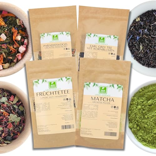 Verschiedene Teesorten MEGASET von der Grünen Essenz |4 leckere Tee-Sorten| Earl Grey Tee | Früchtetee | Matcha Pulver | Aromatischer Sencha-Grüntee im 4er Pack - verschiedene Lose Tee Sorten von Green Essence