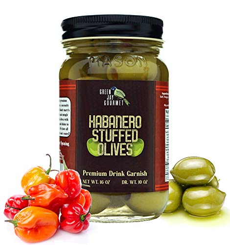 Green Jay Gourmet Habanero Gefüllte Oliven - Gefüllte grüne Oliven für Cocktailgarnierung & Käsebrett Rezepte - Dirty Martini Oliven & Cocktail Oliven - Gourmet Oliven - All Natural - Large - 473.6 g von Green Jay Gourmet