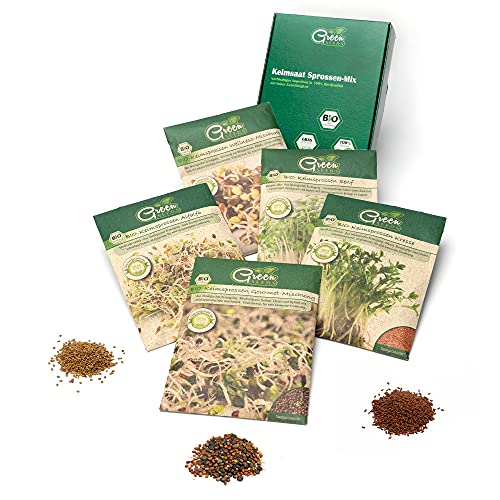 Green SEEDS Bio Keimsprossen Saatgut 5er Set in nachhaltiger Graspapier-Verpackung (Alfalfa, Kresse, Senf, Wellness-Mix, Gourmet-Mix) von Green SEEDS