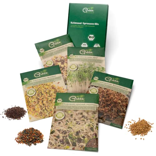 Green SEEDS Bio Keimsprossen Saatgut 5er Set in nachhaltiger Graspapier-Verpackung (Brokkoli, Bockshorn, Senf, Gourmet, Wellness-Mix) von Green SEEDS