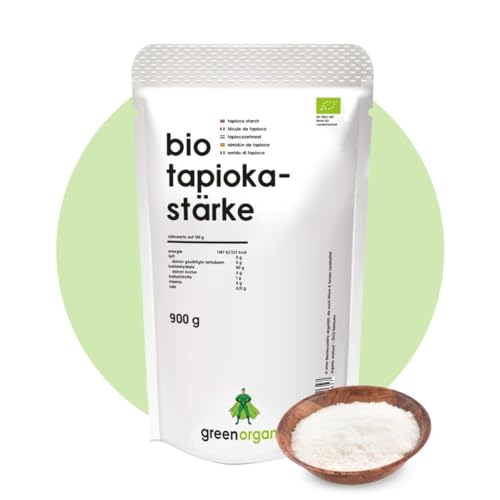 Tapiokastärke Bio - glutenfrei - ideal Backen Kochen Andicken Abbinden Mochi Bio Tapioka-perlen Bubble Tea - Abgefüllt und kontrolliert in Deutschland - 900 g von GreenOrganic