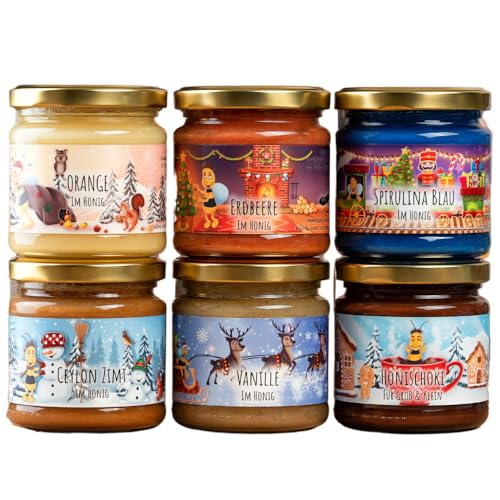 Grega´s Imkerei - 6er Weihnachts-Familien Honigset – Ki Xmes Edition – Erdbeere, Orange, Vanille, Zimt, Spirulina & Kakao – Perfekt als Geschenk zu Weihnachten 6x 250g Glas von Grega´s Imkerei