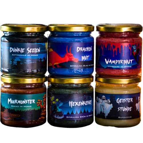 Grega´s Imkerei - Honigschauriges Halloween 6er Set – Vampirblut, Hexenkessel, Drachenblut & mehr – 6x 250g Glas der honigsüßen Sonderedition – Perfekt für Halloween von Grega´s Imkerei