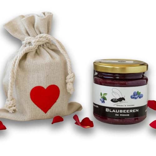 Gregas Imkerei Honig - Leinensäckchen mit Herz und Honig deiner Wahl - Das perfekte Geschenk- ideal als Mitbringsel zu Muttertag, Vatertag & Valentinstag (Blaubeere im Honig) von Grega´s Imkerei