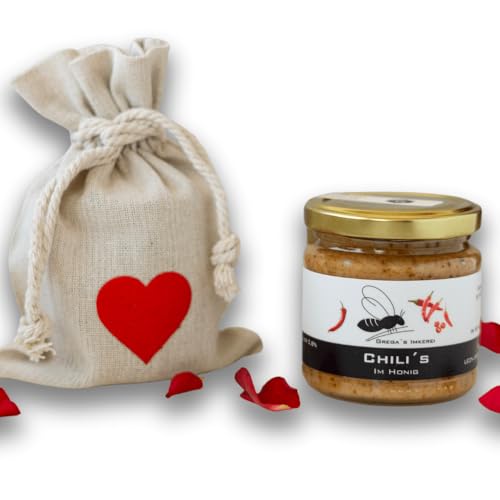 Gregas Imkerei Honig - Leinensäckchen mit Herz und Honig deiner Wahl - Das perfekte Geschenk- ideal als Mitbringsel zu Muttertag, Vatertag & Valentinstag (Chili im Honig) von Grega´s Imkerei