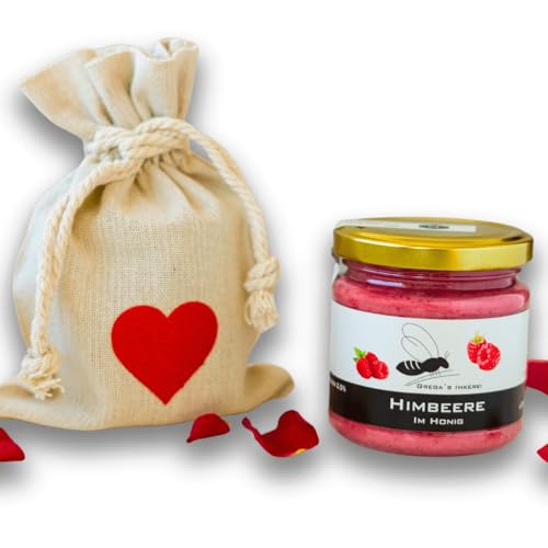 Gregas Imkerei Honig - Leinensäckchen mit Herz und Honig deiner Wahl - Das perfekte Geschenk- ideal als Mitbringsel zu Muttertag, Vatertag & Valentinstag (Himbeere im Honig) von Grega´s Imkerei