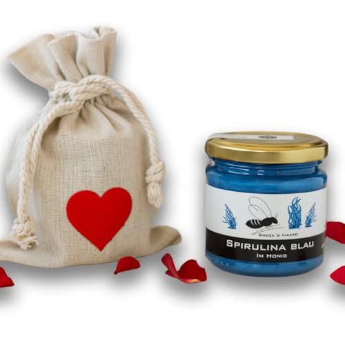 Gregas Imkerei Honig - Leinensäckchen mit Herz und Honig deiner Wahl - Das perfekte Geschenk- ideal als Mitbringsel zu Muttertag, Vatertag & Valentinstag (Spirulina Blau im Honig) von Grega´s Imkerei