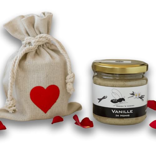 Gregas Imkerei Honig - Leinensäckchen mit Herz und Honig deiner Wahl - Das perfekte Geschenk- ideal als Mitbringsel zu Muttertag, Vatertag & Valentinstag (Vanille im Honig) von Grega´s Imkerei