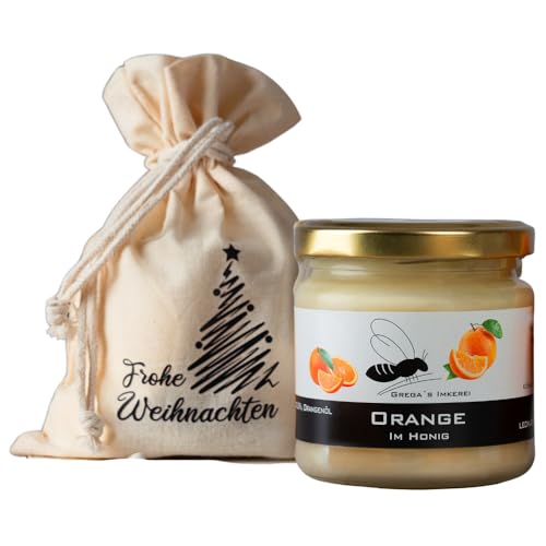 Gregas Imkerei Honig - Säckchen "Frohe Weihnachten" mit Honig deiner Wahl - 250g Glas - Das perfekte Weihnachtsgeschenk Honigset - ideal als Mitbringsel zu Weihnachten (Orange im Honig) von Grega´s Imkerei