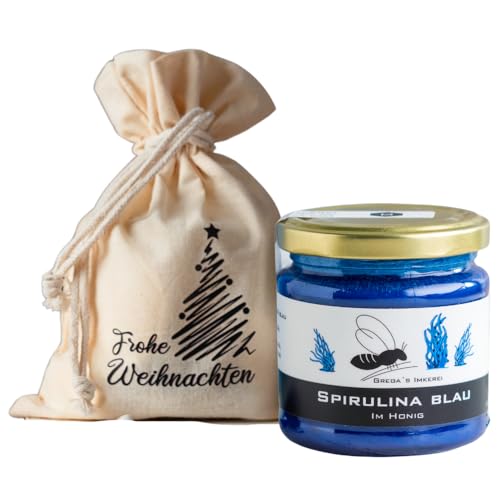 Gregas Imkerei Honig - Säckchen "Frohe Weihnachten" mit Honig deiner Wahl - 250g Glas - Das perfekte Weihnachtsgeschenk Honigset - ideal als Mitbringsel zu Weihnachten (Spirulina Blau im Honig) von Grega´s Imkerei