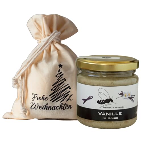 Gregas Imkerei Honig - Säckchen "Frohe Weihnachten" mit Honig deiner Wahl - 250g Glas - Das perfekte weihnachtliche Geschenk Honigset - ideal als Mitbringsel zu Weihnachten (Vanille mit Honig) von Grega´s Imkerei