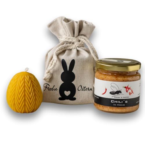 Gregas Imkerei Oster-Honig-Geschenkset – Ostersäckchen mit Hase, 250 g Honigglas deiner Wahl und Osterstern Bienenwachskerze – perfektes Mitbringsel & Geschenk für Ostern. (Chili´s im Honig 250 g) von Grega´s Imkerei