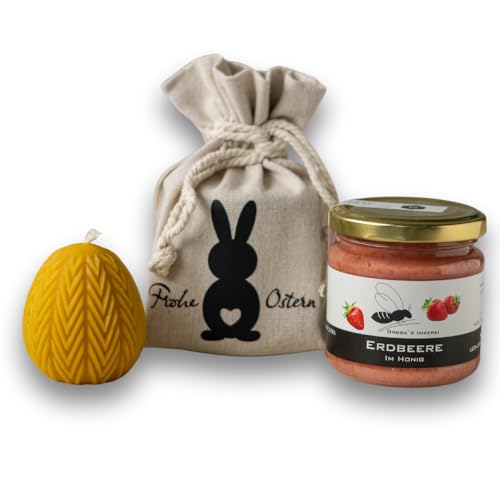 Gregas Imkerei Oster-Honig-Geschenkset – Ostersäckchen mit Hase, 250 g Honigglas deiner Wahl und Osterstern Bienenwachskerze – perfektes Mitbringsel & Geschenk für Ostern. (Erdbeere im Honig 250 g) von Grega´s Imkerei