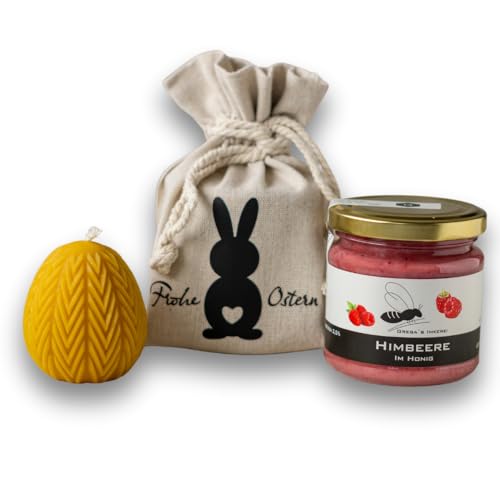 Gregas Imkerei Oster-Honig-Geschenkset – Ostersäckchen mit Hase, 250 g Honigglas deiner Wahl und Osterstern Bienenwachskerze – perfektes Mitbringsel & Geschenk für Ostern. (Himbeere im Honig 250 g) von Grega´s Imkerei