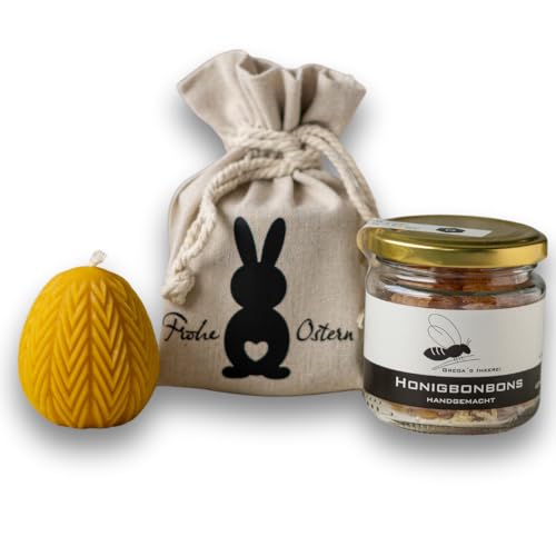 Gregas Imkerei Oster-Honig-Geschenkset – Ostersäckchen mit Hase, 250 g Honigglas deiner Wahl und Osterstern Bienenwachskerze – perfektes Mitbringsel & Geschenk für Ostern. (Honigbonbons 120 g) von Grega´s Imkerei