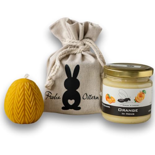 Gregas Imkerei Oster-Honig-Geschenkset – Ostersäckchen mit Hase, 250 g Honigglas deiner Wahl und Osterei Bienenwachskerze – perfektes Mitbringsel & Geschenk für Ostern. (Orange im Honig 250 g) von Grega´s Imkerei