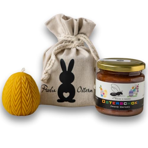 Gregas Imkerei Oster-Honig-Geschenkset – Ostersäckchen mit Hase, 250 g Honigglas deiner Wahl und Osterstern Bienenwachskerze – perfektes Mitbringsel & Geschenk für Ostern. (Osterschoki 250 g) von Grega´s Imkerei