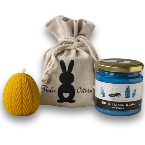 Gregas Imkerei Oster-Honig-Geschenkset – Ostersäckchen mit Hase, 250 g Glas deiner Wahl & Osterstern Bienenwachskerze – perfektes Mitbringsel & Geschenk für Ostern. (Spirulina Blau im Honig 250 g) von Grega´s Imkerei