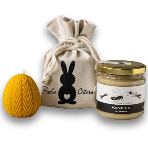 Gregas Imkerei Oster-Honig-Geschenkset – Ostersäckchen mit Hase, 250 g Honigglas deiner Wahl und Osterstern Bienenwachskerze – perfektes Mitbringsel & Geschenk für Ostern. (Vanille im Honig 250 g) von Grega´s Imkerei