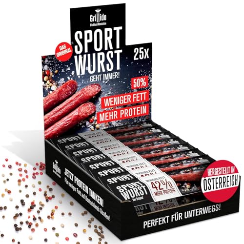 Grillido Sportwurst 25x – Protein Snack Original 625g aus Schweinefleisch | Low Fat Salami mit 42% Eiweiß | Alternative zu Mini-Salami & Beef Jerky | Hochwertiger Fleisch-Snack für Sport & Fitness von Grillido