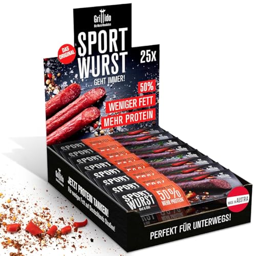 Grillido Sportwurst 25x – Protein Snack aus Rind & Chili (500g) | Low Fat Salami mit 39% Eiweiß | Scharfe Alternative zu Mini-Salami & Beef Jerky | Hochwertiger Fleisch-Snack für Sport & Fitness von Grillido