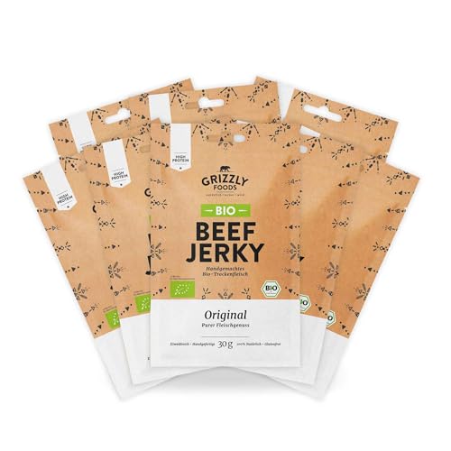 Grizzly Foods • BIO Beef Jerky Original (8 x 30g) • Bio-Trockenfleisch ohne Zusatzstoffe • High Protein Snack • Ideal für Unterwegs, Büro, Sport von Grizzly Foods