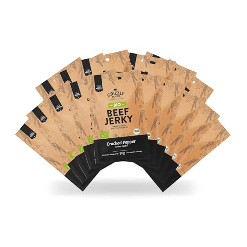 Grizzly Foods • BIO Beef Jerky Cracked Pepper (16 x 30g) • Bio-Trockenfleisch ohne Zusatzstoffe • High Protein Snack • Ideal für Unterwegs, Büro, Sport von Grizzly Foods