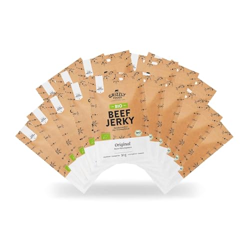 Grizzly Foods • BIO Beef Jerky Original (16 x 30g) • Bio-Trockenfleisch ohne Zusatzstoffe • High Protein Snack • Ideal für Unterwegs, Büro, Sport von Grizzly Foods