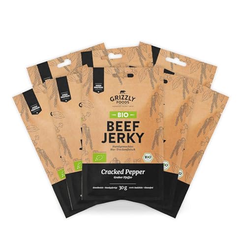 Grizzly Foods • BIO Beef Jerky Cracked Pepper (8 x 30g) • Bio-Trockenfleisch ohne Zusatzstoffe • High Protein Snack • Ideal für Unterwegs, Büro, Sport von Grizzly Foods