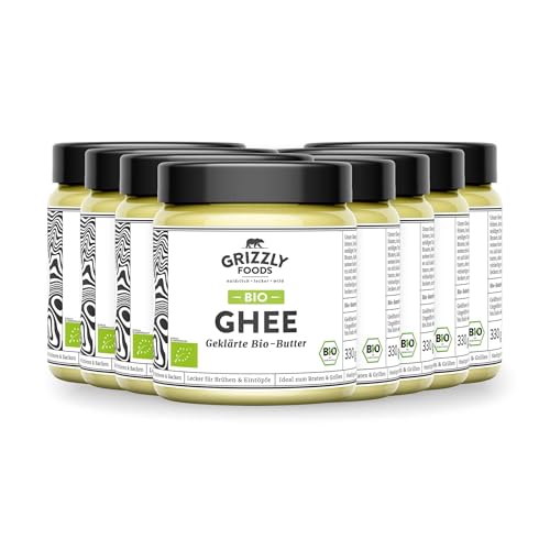 Grizzly Foods • BIO Ghee (8 x 330g) • 100% natürlich • Hoher Rauchpunkt • Ohne Zusätze • Perfekt für Braten, Backen & Frittieren • Cremige Textur & buttrig-nussiges Aroma • Organic Clarified Butter von Grizzly Foods