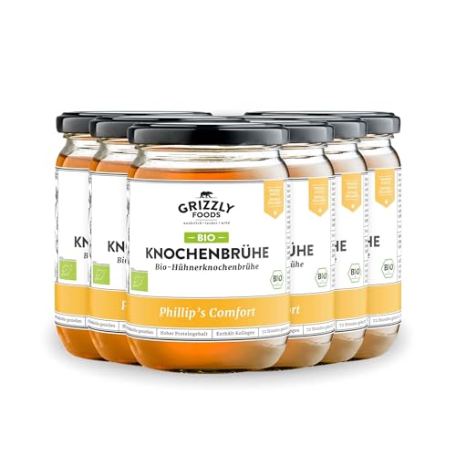 Grizzly Foods • BIO Hühnerknochenbrühe (6 x 500ml) • 20g Kollagen pro Glas • 72 Stunden lang gekocht • 100% natürlich • Ohne Zucker, ohne Zusätze • Wertvolle Nährstoffe • Bone Broth • Knochenbrühe von Grizzly Foods