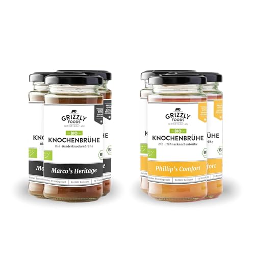 Grizzly Foods • BIO Knochenbrühe Rind & Huhn (6 x 240ml) • Mehr als 10g Kollagen pro Glas • 72 Stunden lang gekocht • 100% natürlich • Ohne Zucker, ohne Zusätze • Wertvolle Nährstoffe • Knochenbrühe von Grizzly Foods