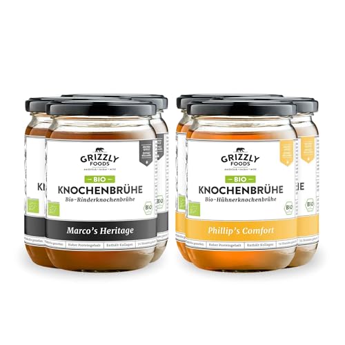 Grizzly Foods • BIO Knochenbrühe Rind & Huhn (6 x 500ml) • Mehr als 20g Kollagen pro Glas • 72 Stunden lang gekocht • 100% natürlich • Ohne Zucker, ohne Zusätze • Wertvolle Nährstoffe • Knochenbrühe von Grizzly Foods