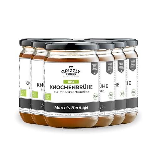 Grizzly Foods • BIO Rinderknochenbrühe (6 x 500ml) • 25g Kollagen pro Glas • 72 Stunden lang gekocht • 100% natürlich • Ohne Zucker, ohne Zusätze • Wertvolle Nährstoffe • Bone Broth • Knochenbrühe von Grizzly Foods