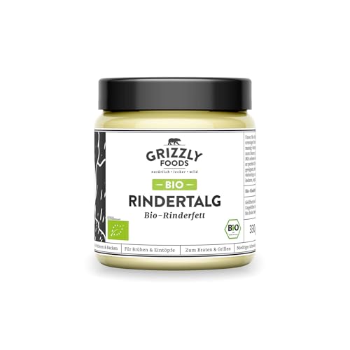 Grizzly Foods • BIO Rindertalg (1 x 330g) • 100% natürlich • Hoher Rauchpunkt • Ohne Zusätze • Perfekt für Braten, Backen, Frittieren • Cremige Textur & buttrig-nussiges Aroma • Organic Beef Tallow von Grizzly Foods