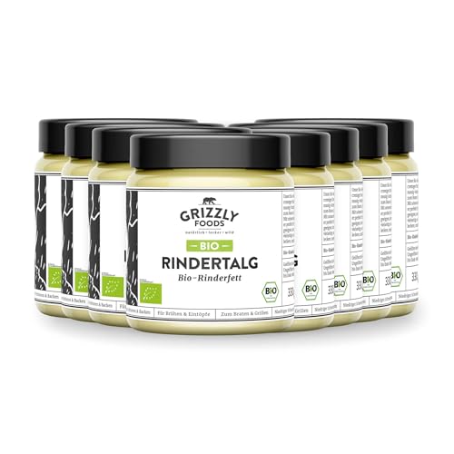 Grizzly Foods • BIO Rindertalg (8 x 330g) • 100% natürlich • Hoher Rauchpunkt • Ohne Zusätze • Perfekt für Braten, Backen, Frittieren • Cremige Textur & buttrig-nussiges Aroma • Organic Beef Tallow von Grizzly Foods