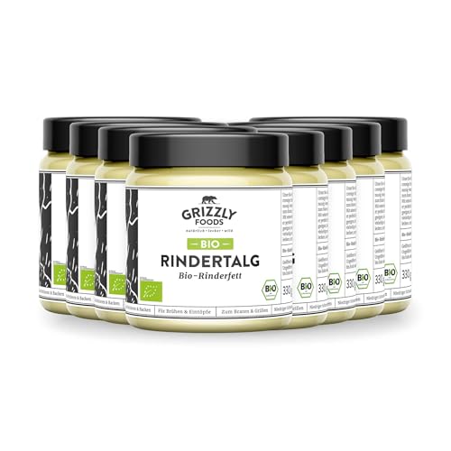 Grizzly Foods • BIO Rindertalg (8 x 330g) • 100% natürlich • Hoher Rauchpunkt • Ohne Zusätze • Perfekt für Braten, Backen, Frittieren • Cremige Textur & buttrig-nussiges Aroma • Organic Beef Tallow von Grizzly Foods