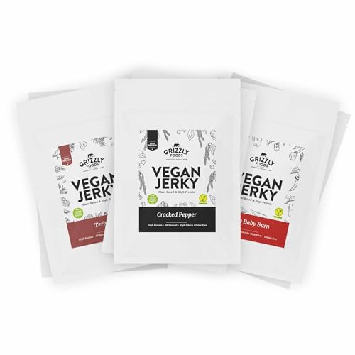 Grizzly Foods • Vegan Jerky 3 Sorten Probierset (6 x 100g) • Pflanzliches Beef Jerky • Veganes Trockenfleisch • High Protein Snack • Ideal für Unterwegs, Büro, Sport von Grizzly Foods